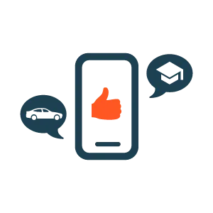 Icon von einem Handy mit Daumen nach oben, daneben sind Sprechblasen mit einem Auto und einer Absolventenkappe