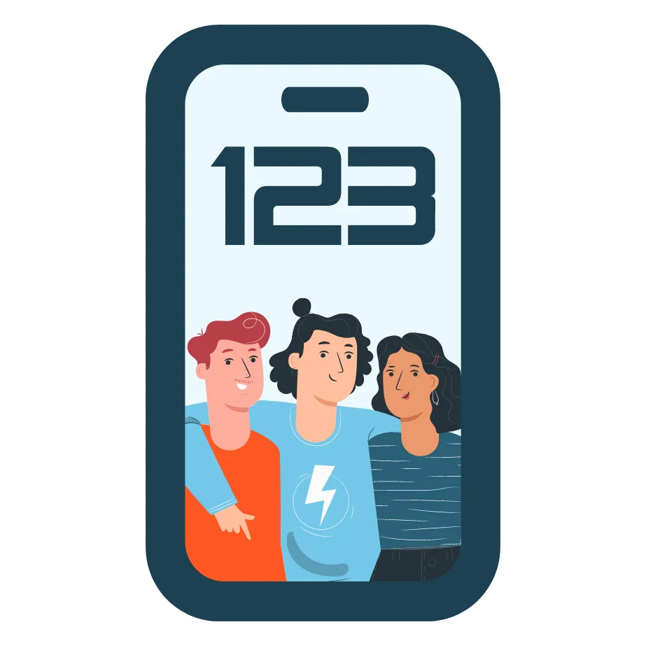 Handydisplay mit 123 Logo und einer Gruppe von Freunden