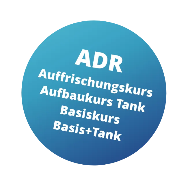 ADR Siegel der die Kurse "Auffrischungskurs", "Aufbaukurs Tank", "Basiskurs" und "Basis+Tank" bewirbt