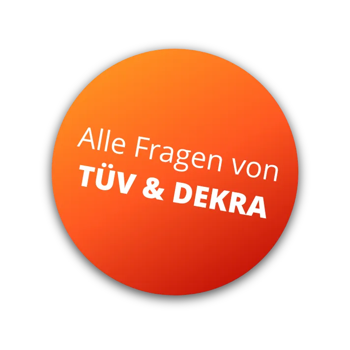 Ein orangener Button auf dem "Alle Fragen von TÜV & DEKRA" draufsteht