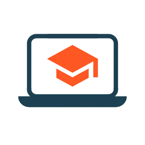 Icon von einem Laptop. Auf dem Bildschirm befindet sich eine Absolventenkappe